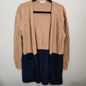 Madewell Cardigan Sweater Small Colorblock Open Front  Tan Navy Wool Alpaca